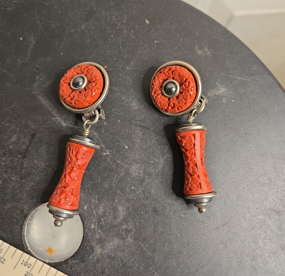 Silver Tone Clip-on Carved Cinnabar Style Earrings Vintage